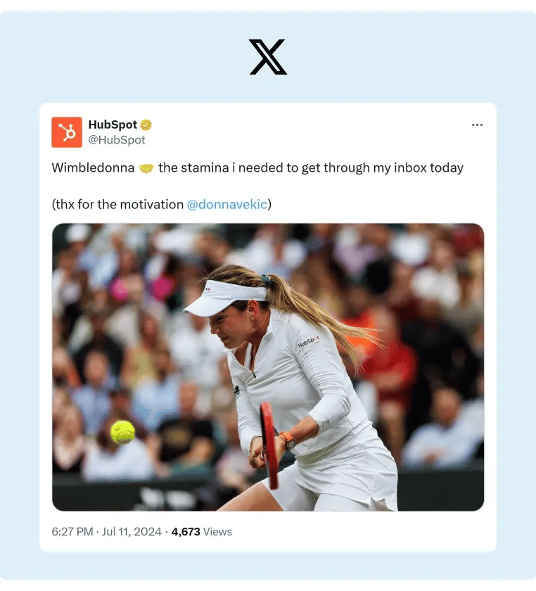 A witty tweet by HubSpot referencing the strenght of a tennist mid-game