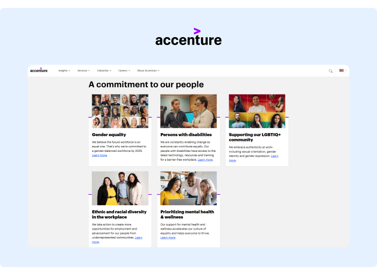 Accenture website showcases what they do as a company to promote a truly diverse and inclusive workforce
