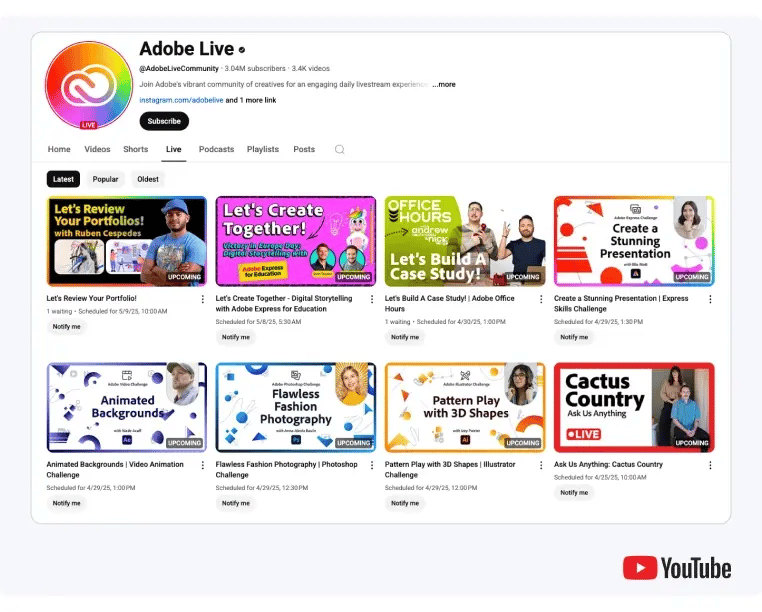 Adobe has a separate YouTube channel dedicated to tutorials and educational livestreams