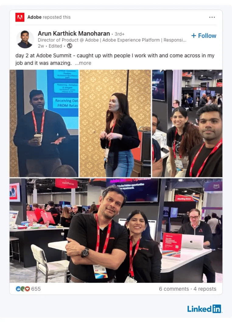 Adobe reposted on LinkedIn the post of an employee sharing photos from Adobe Summit convention