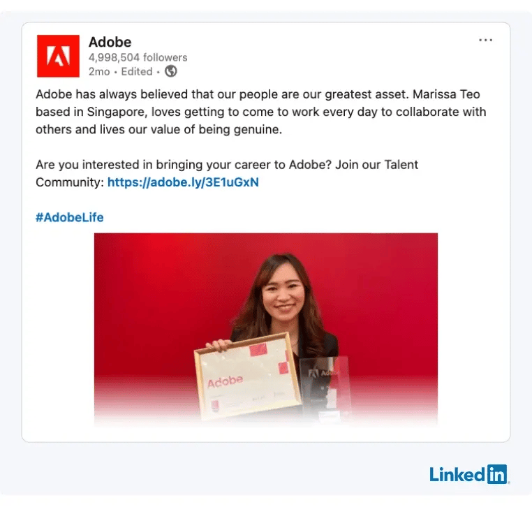 Adobe shared on LinkedIn a post featuring one of their employees