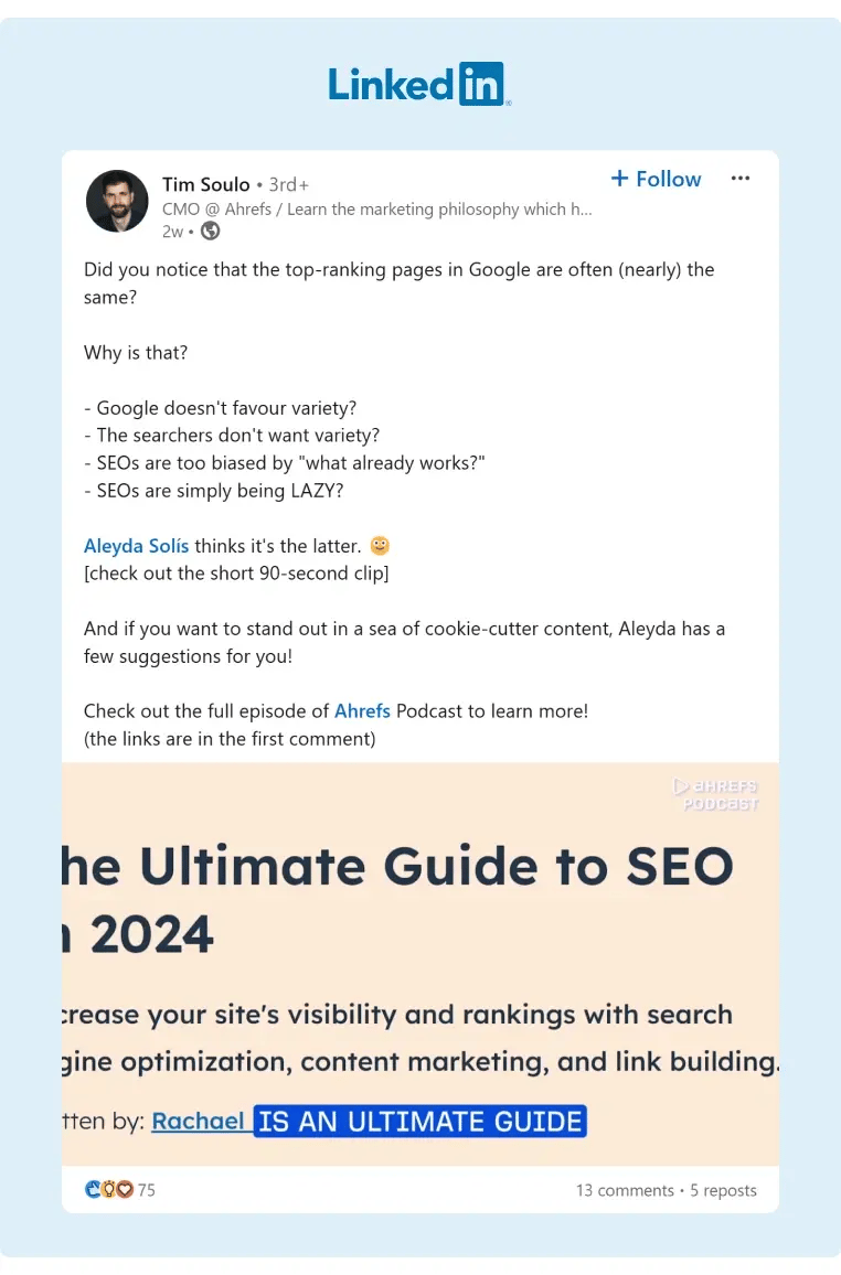 Ahrefs CMO posted a video that covers reasons why the top-ranking pages in Google are the same