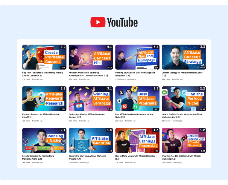 Ahrefs YouTube Channel thumbnails for their video tutotials show the topic of the video and a single team member on each entry