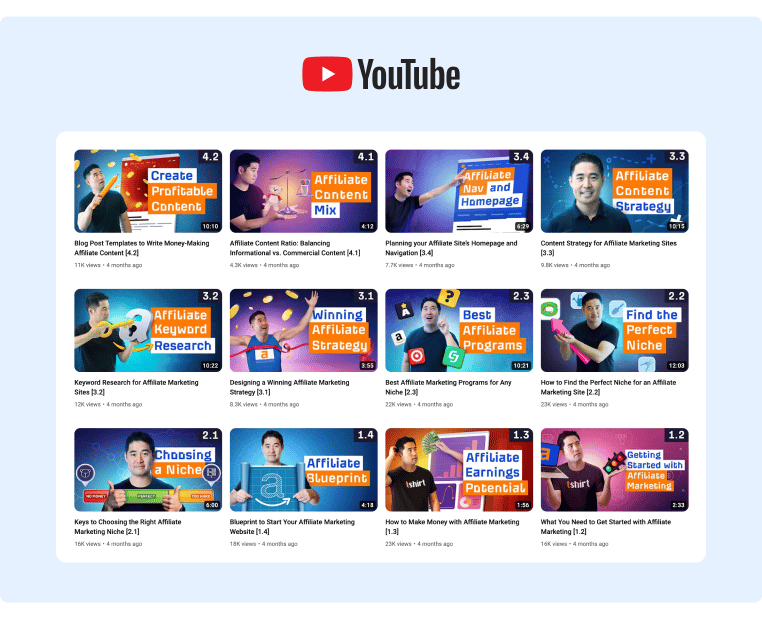 Ahrefs YouTube Channel thumbnails for their video tutotials show the topic of the video and a single team member on each entry