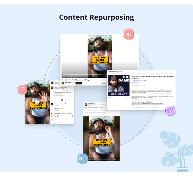 Alex Hormozi often repurposes his videos and adapts them to his other platforms effectively increasing his reach