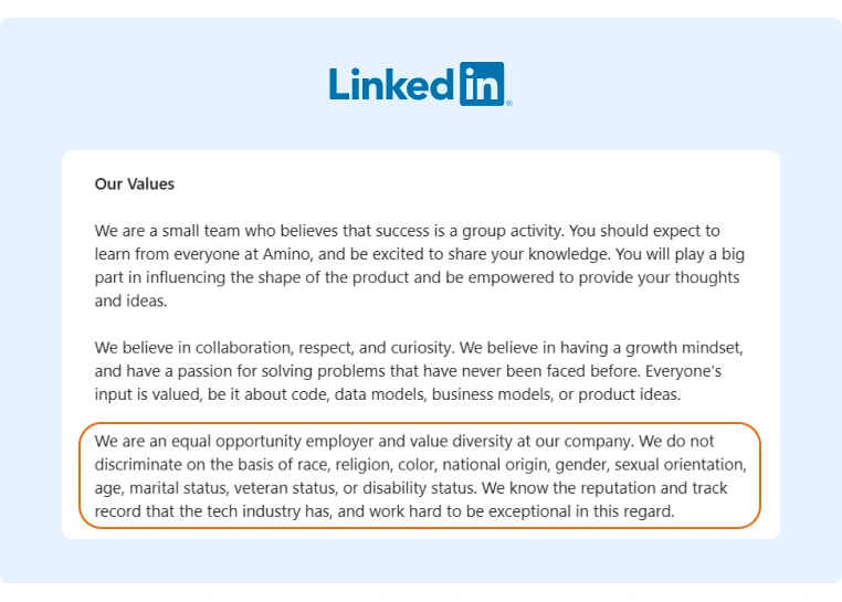 Amino Health’s culture section includes their equal opportunity employer policy in their job postings