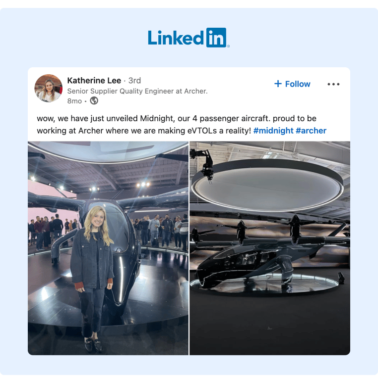 An Archer Employee promoting the brands new aircraft with her followers
