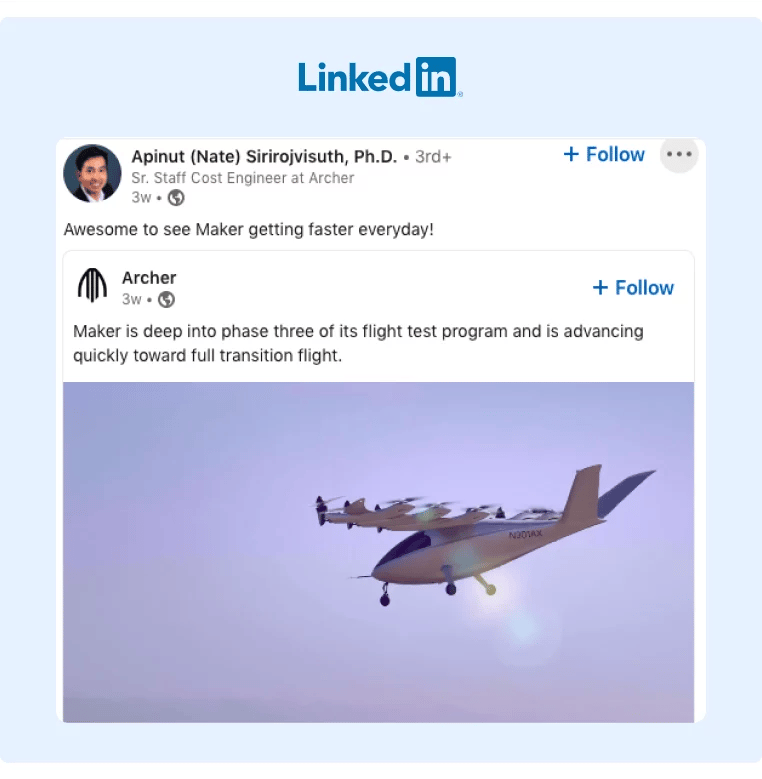 An Archer employee sharing a company post about their flight test program