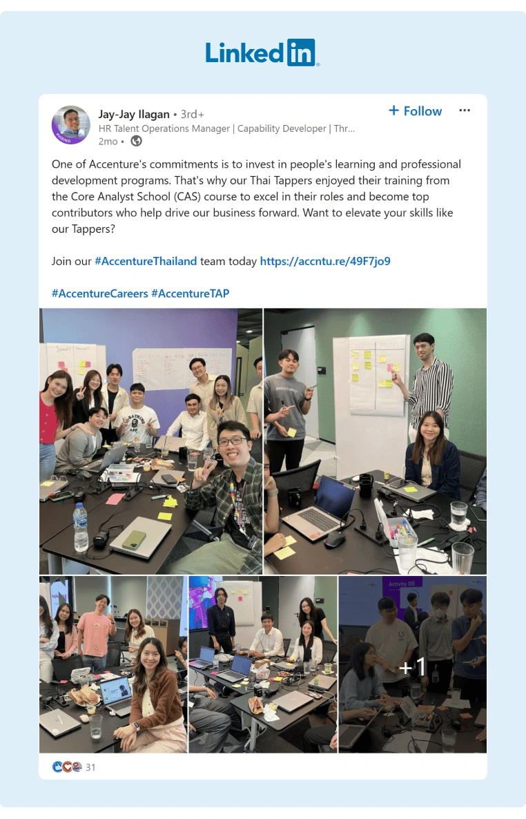 An HR Manager at Accenture posted pictures of a Core Analyst School course that the company provided to their employees