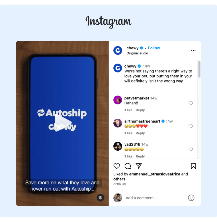An Instagram Reel from Chewy advertising their Autoship Feature with a funny ad of a cat