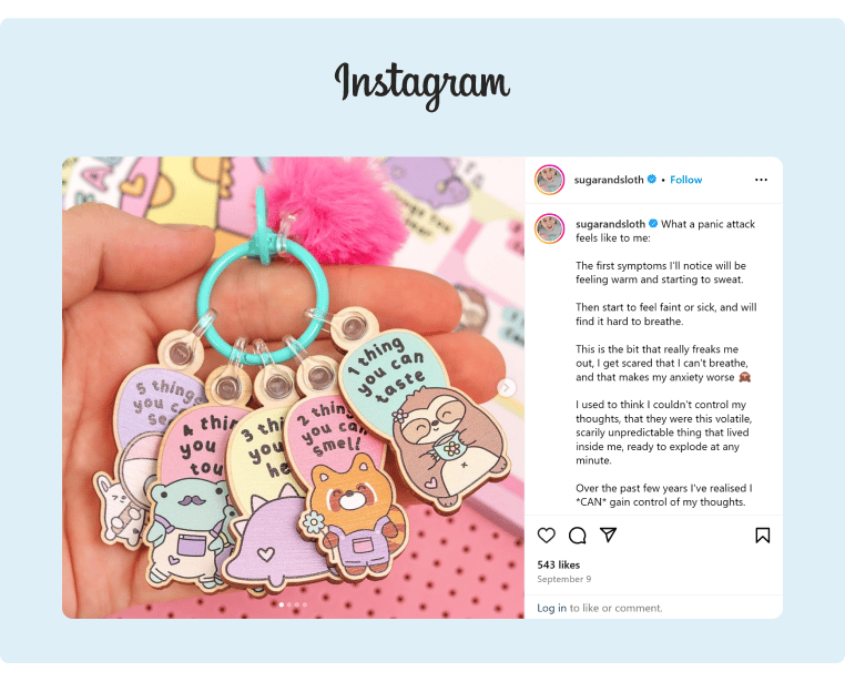 An Instagram picture from Sugar and Sloth with some cute keychains based on distraction techniques to mitigate panic attacks