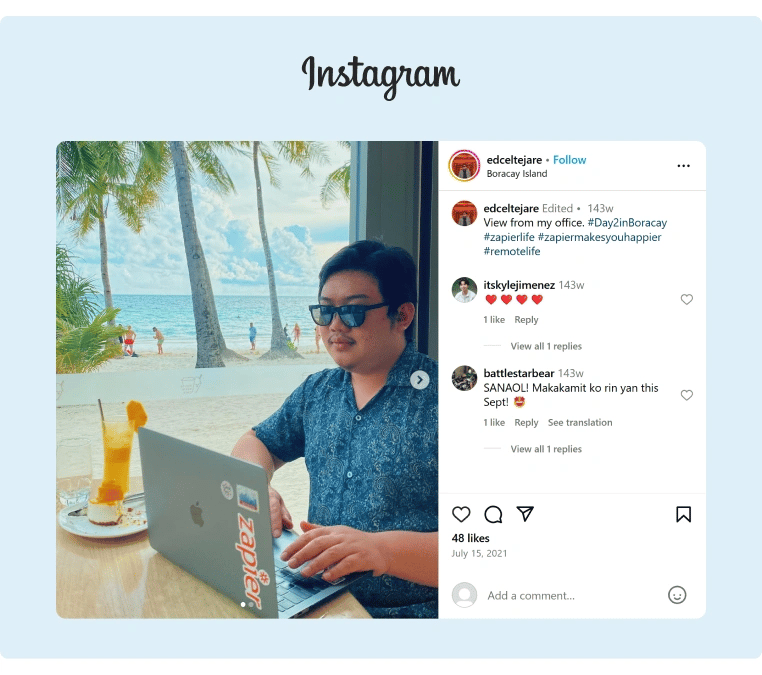 An Instagram post a Zapier remote employee working at the beach