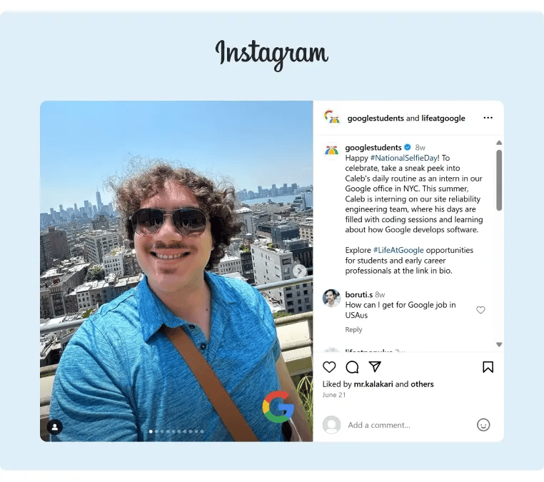 An Instagram post from Google showing the daily office life of one of their interns