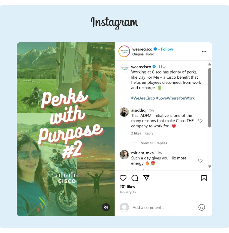 An Instagram reel from Cisco showcasing some of their company perks and promoting a hashtag for employees to share