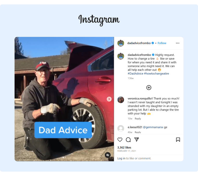An Instagram reel from beloved internet dad creator Bo who posted a tutorial on how to change a cars tire