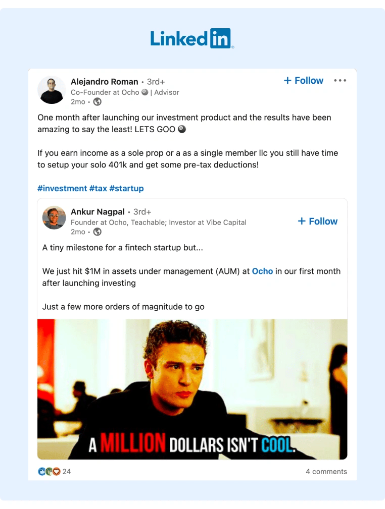 An Ocho employee re-shared on Linkedin a post from the companys founder and added his comments to it