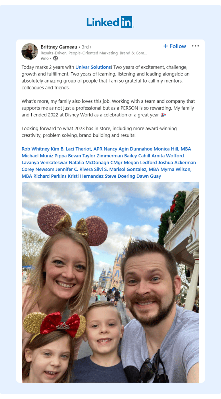 An Univar Solutions employee who posted on LinkedIn about her family trip to Disneyland to celebrate two great years at Univar Solutions