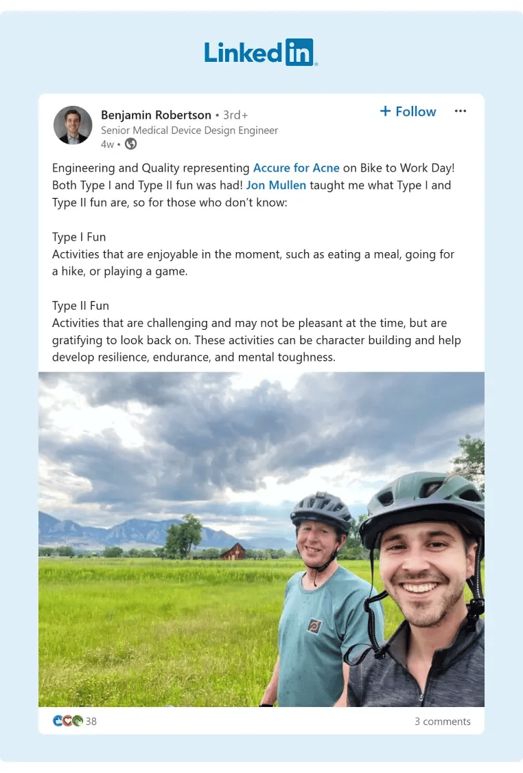 An employee from Accure for Acne posted about his Bike to Work Day experience