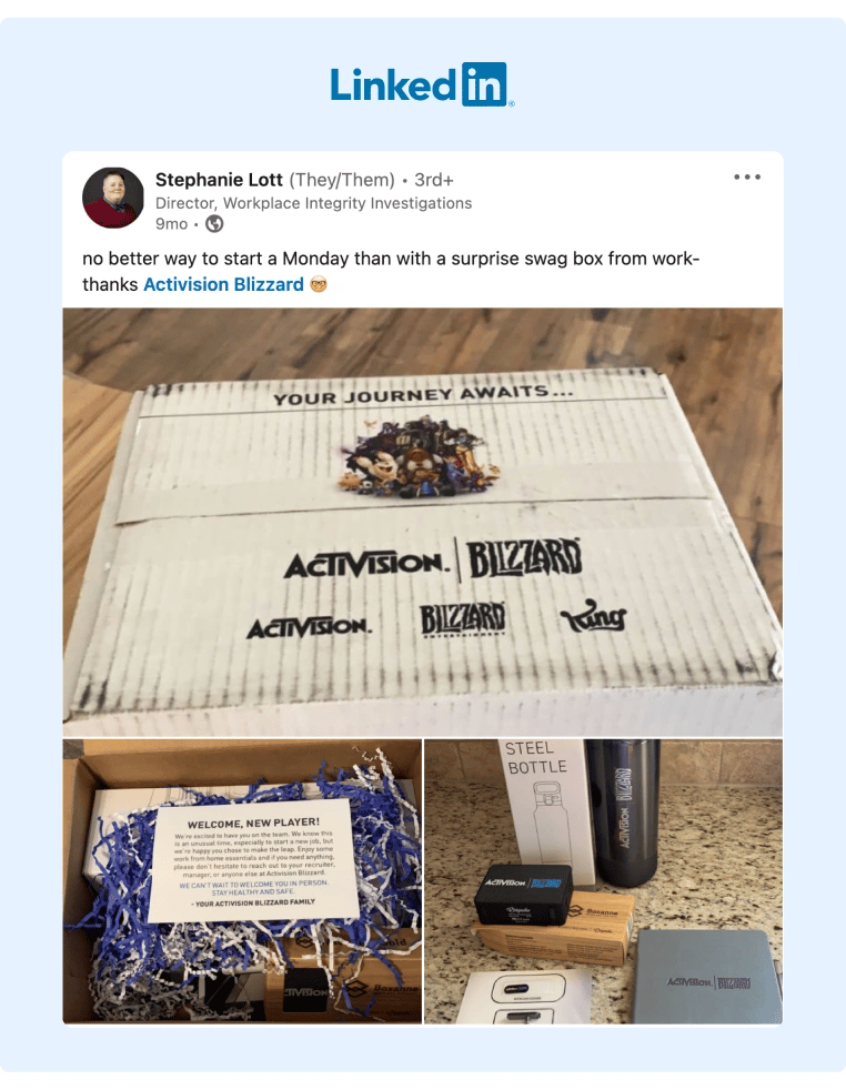 An employee from Activision Blizzard shared on LinkedIn some pictures of the swag goodies sent by the company