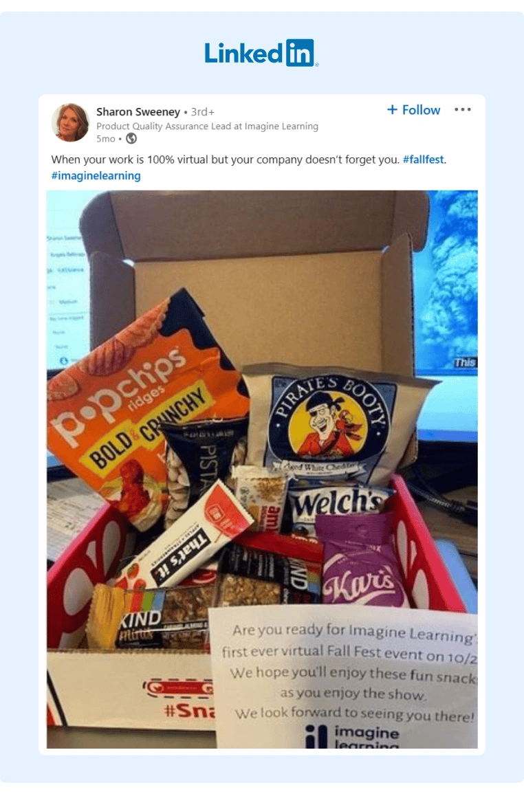 An employee from Imagine Learning sharing a post on LinkedIn of an employee snack basket sent by the company