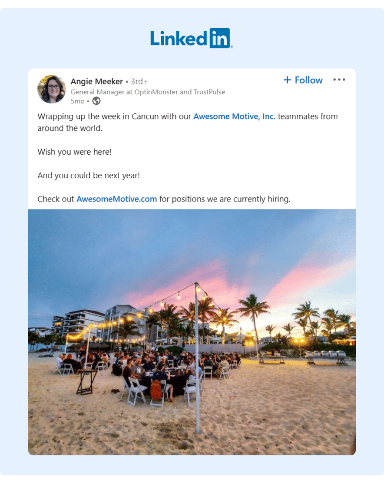 An employee of Awesome Motive Inc shared a photo and her experience during the last company off-site retreat to Cancun