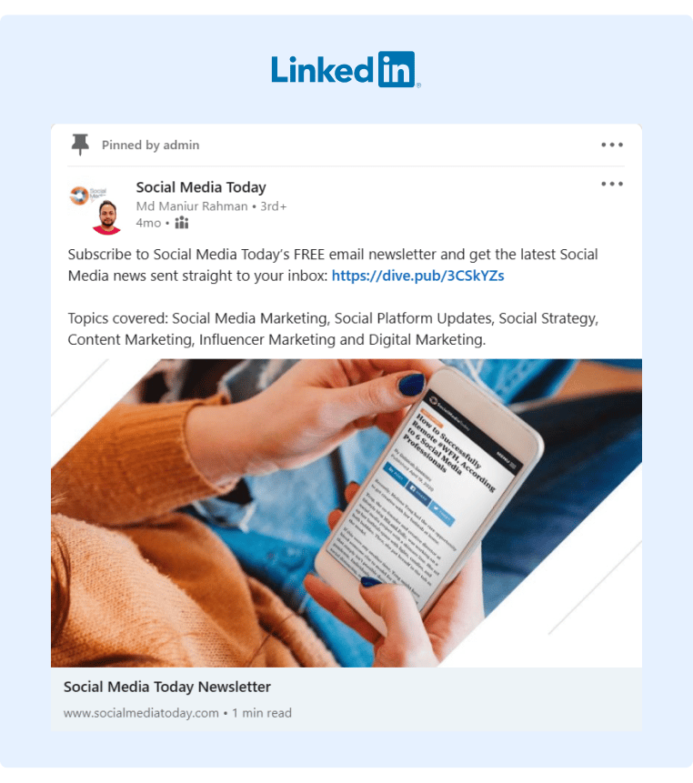 An example of a pinned post in a LinkedIn Group that features a link to sign up to an Email Newsletter