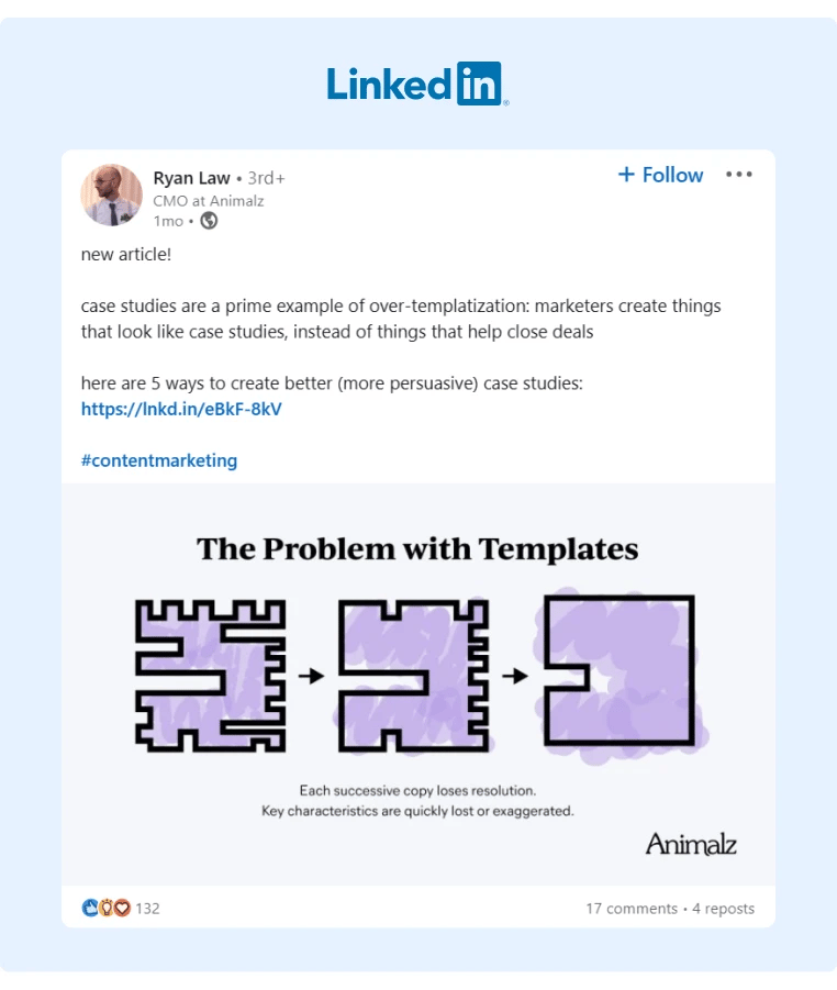 An example of a post where the author is sharing best practices to create case studies without templates while linking to a relevant article from his company about this topic