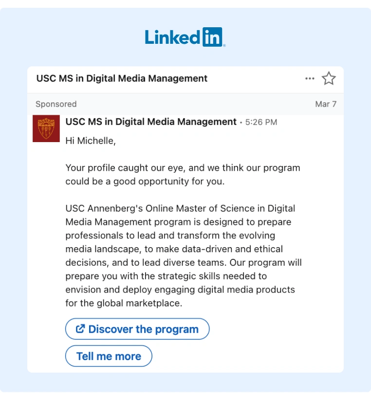An example of a sponsored LinkedIn Messaging ad