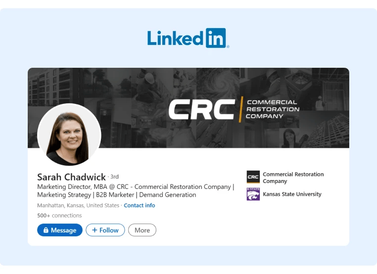 An example of an optimized personal LinkedIn profile integrating the company branding