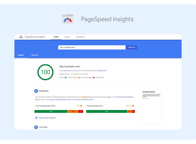 An example of how PageSpeed Insights displays the score of a website and the areas it reviewed