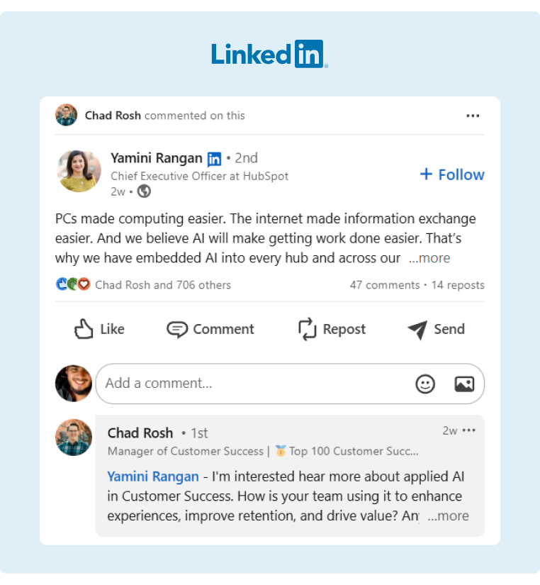 An example of how to engage with industry leaders and influencers through their LinkedIn content