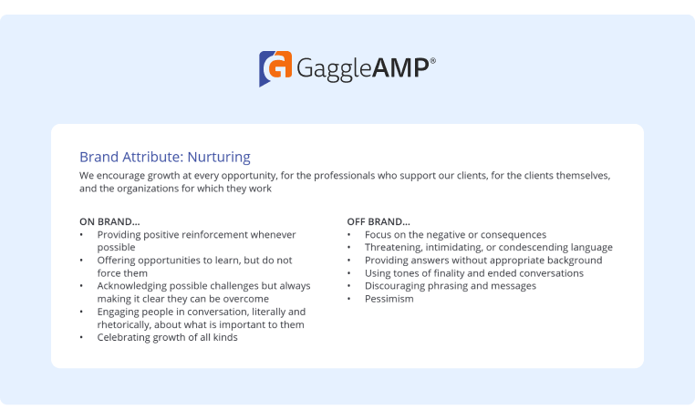 An extract from GaggleAMPs Brand Guide about nurturing employees with positive reinforcement
