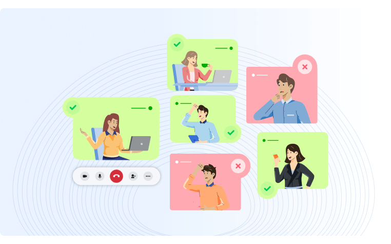 An image of six employees using video for engagement and in the video two of the employees are unengaged and not happy to be there whereas the other four are happy and engaged in the video meeting