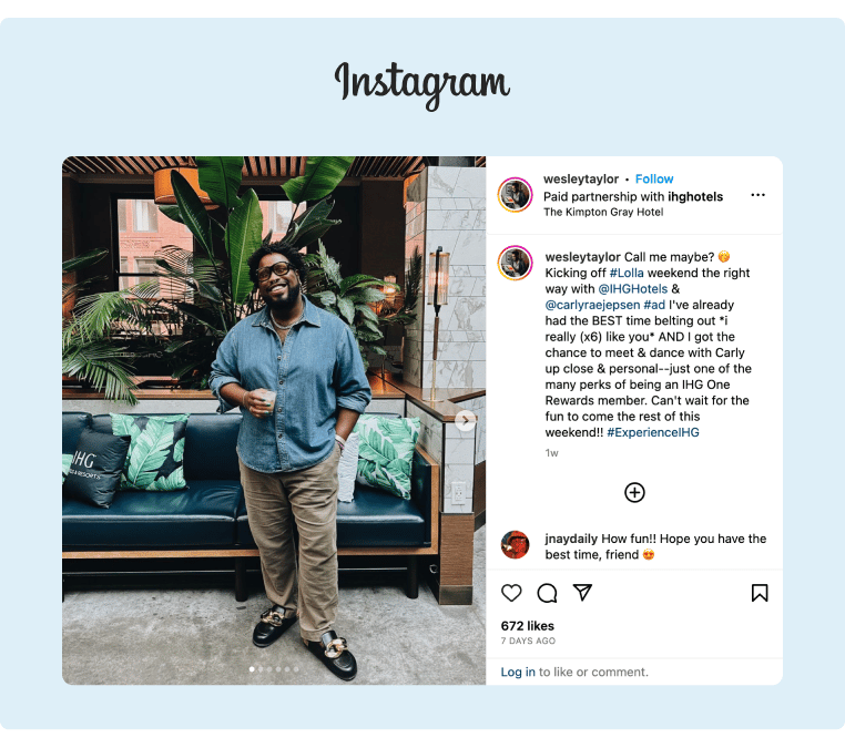 An influencer shared a picture on his Instagram posing inside of an IHG hotel lounge and is promoting their rewards program partnership