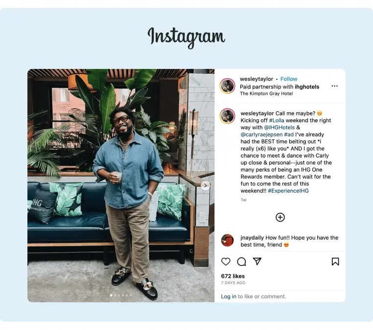 An influencer shared a picture on his Instagram posing inside of an IHG hotel lounge and is promoting their rewards program partnership