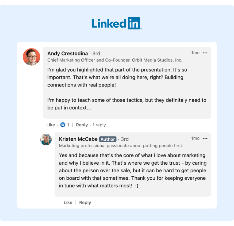 Andy Crestodina engaged with the LinkedIn post where the author used a quote from his presentation at a webinar about SEO and AI