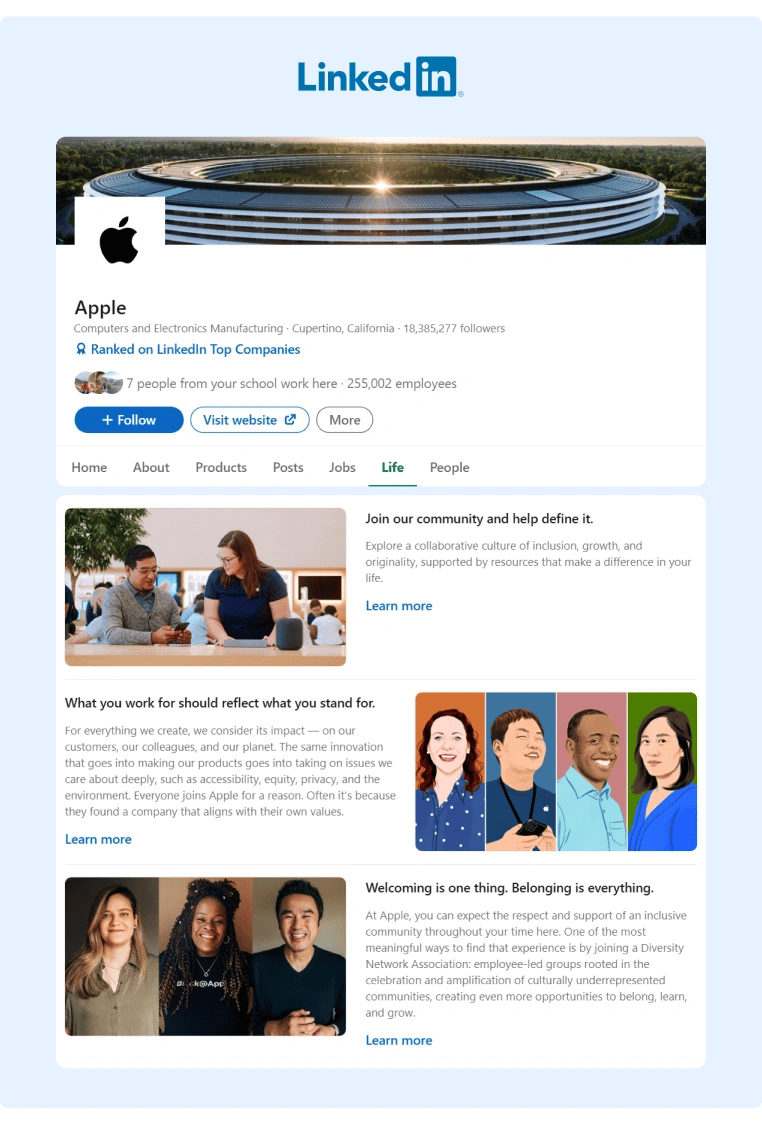 Apple has their values and mission on display on their LinkedIn Company Profile
