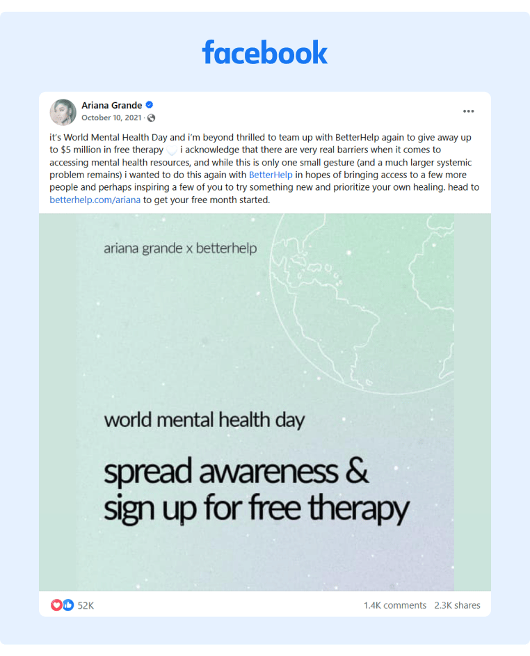 Ariana Grandes Facebook post collaborating with BetterHelp for the World Mental Health Day announcing free therapy