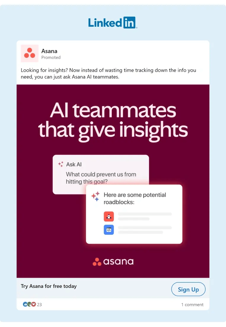 Asana promotes their AI features to capture new leads through LinkedIn