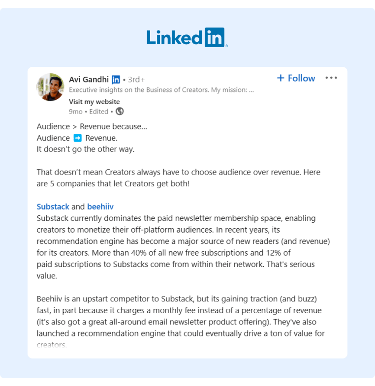 Avi Gandhi shared an insightful LinkedIn post how Beehiiv provides a balance between audience reach and revenue to content creators