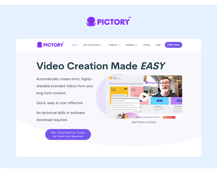 Best AI Tools for Marketing - Pictory Landing Page