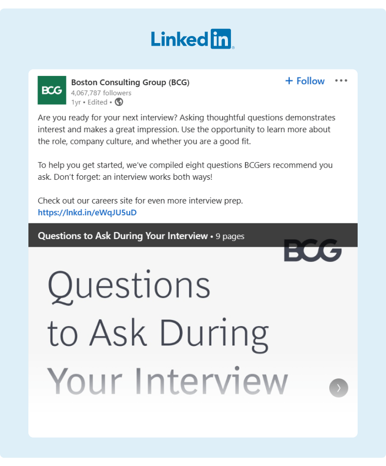 Boston Consulting Group BCG shared on LinkedIn some of the most important questions to ask during a job interview