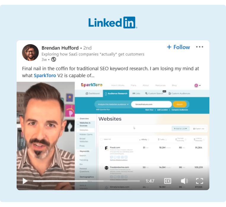 Brendan Hufford shared a video of fellow influencer Rand Fishkin explaining the new and improved features of SparkToro