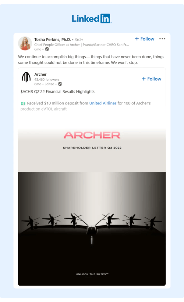 CPO of Archer sharing branded content from the company and adding her commentary to it