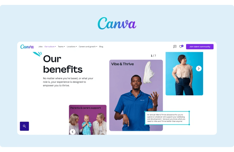 Canva highlights what they stand for in their benefits page