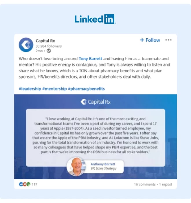 CapitalRX - LinkedIn post highlighting a VPs experience in the company and promoting his great work attitude