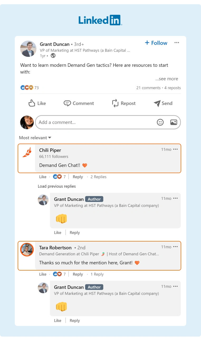 Chili Piper commented on a LinkedIn Post about Demand Gen that featured them as a useful resource