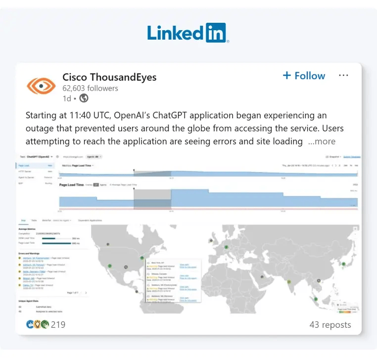Cisco ThousandEyes shared some insights about an OpenAI outage