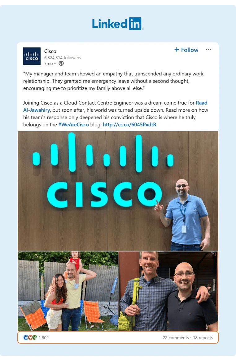 Cisco is often creating highly engaging content featuring their employees and their experiences