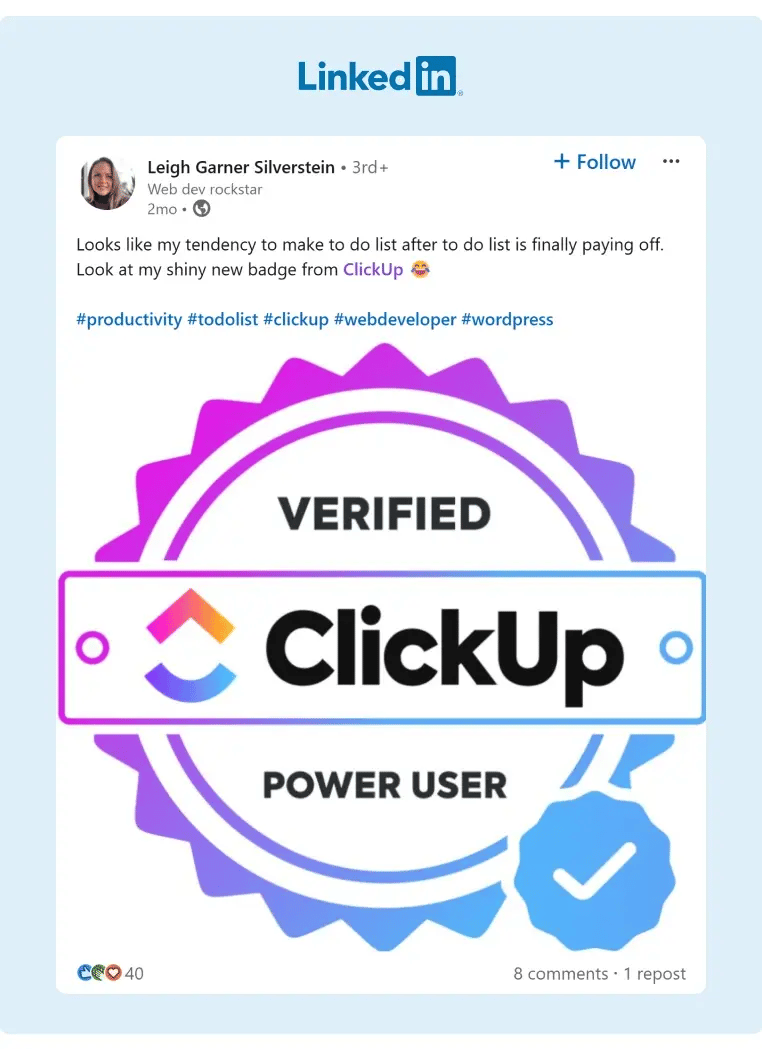 ClickUp offers a recognition badge to celebrate their customers usage